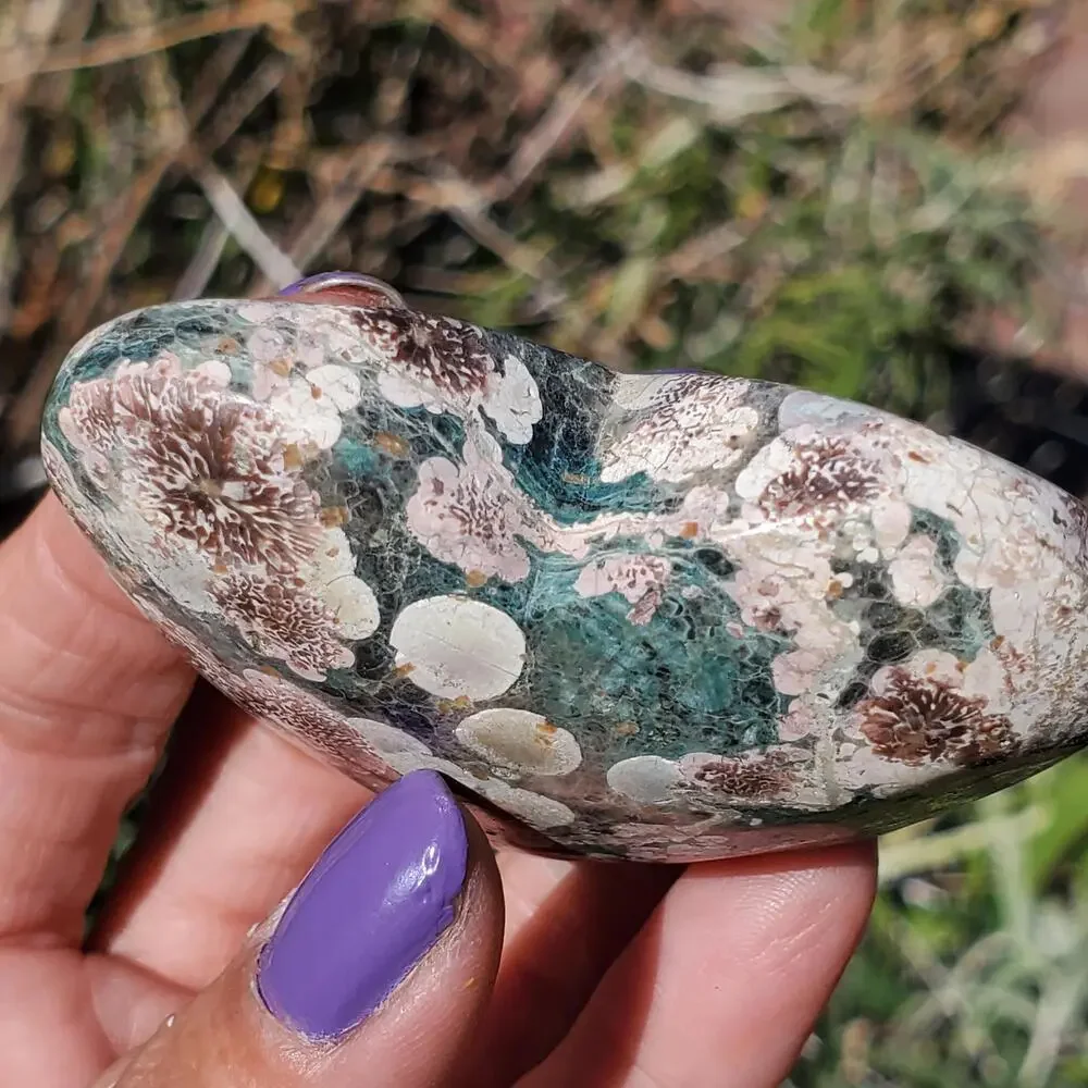 Green Rhyolite Cherry Blossom Puffy Heart Crystal Carving 96 grams